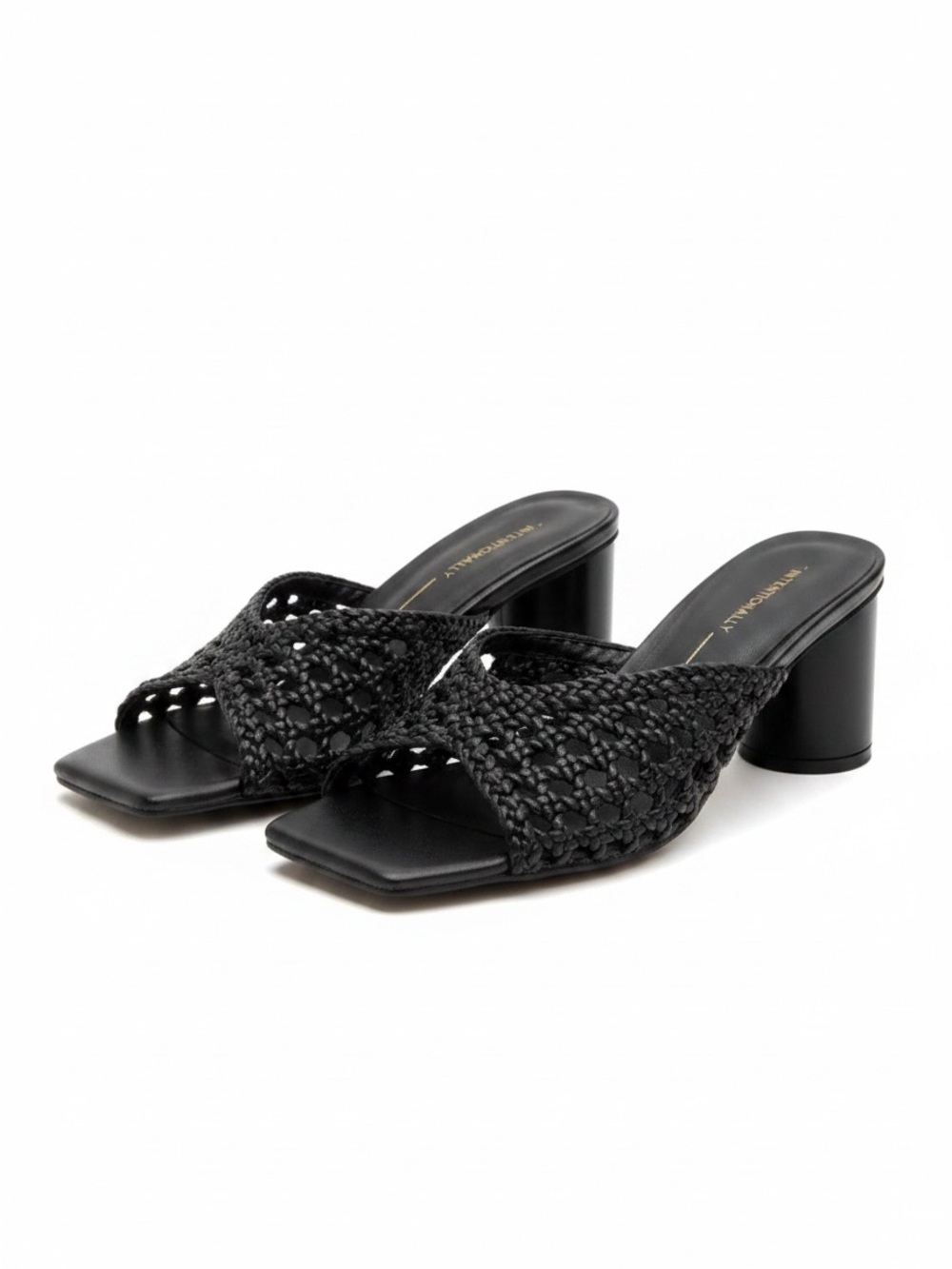 INTENTIONALLY BLANK Cassandra Black Woven Square-Toe Mule Heels NIB Size 7 9 10
